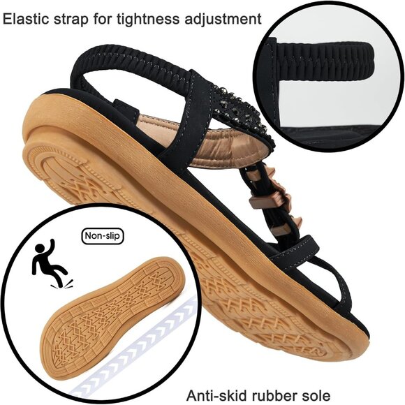 Womens Black PU Leather Casual Beach Summer Jeweled Bohemian Flats Sandals - Picture 3 of 5